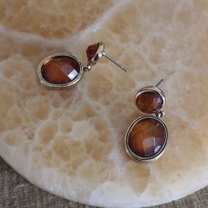 Gold Tone Faux Bezel Set Amber Tear Drop Earrings